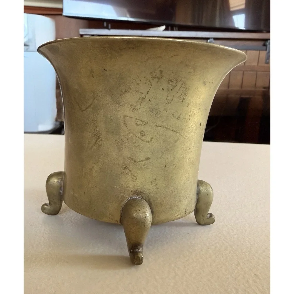 Antique Art Nouveau Brass Cachepot Iris Floral Footed Jardiniere Planter Vase
